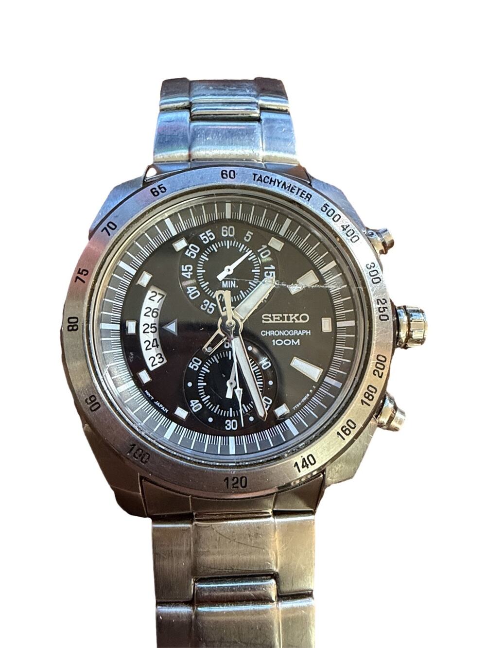Seiko Chronograph Quartz 100m Tachymeter Black Dial Steel Men's Watch
